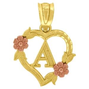 10kt 10k Two-Tone Gold Womens Heart Flower Initial Letter A Charm Pendant